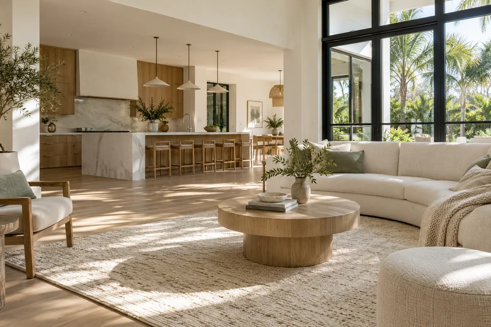 Sunlit, freshly arranged living room with soft linen seating and an oak kitchen
