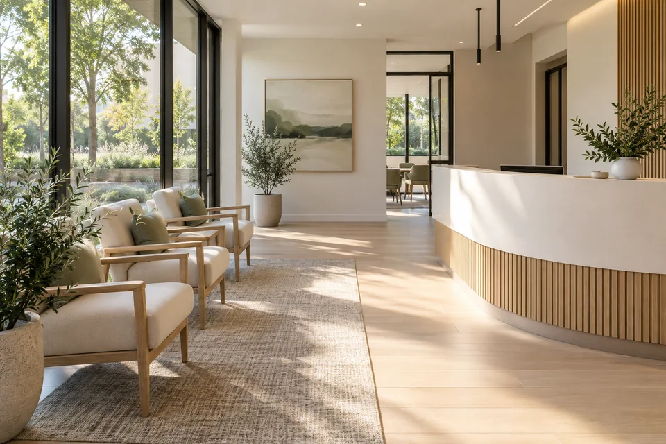 A clean, welcoming office reception with natural light